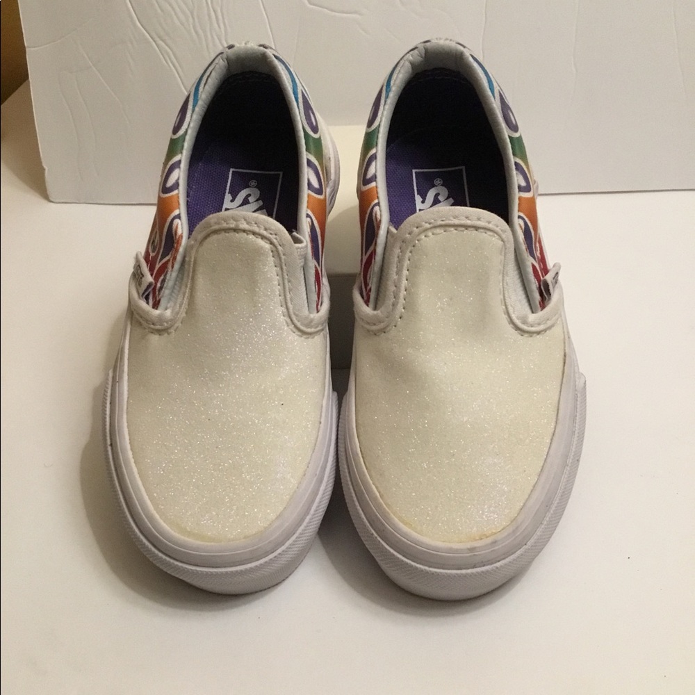 Vans Kids Iridescent glittery off white with rainbow flames sz 10.5 shoes